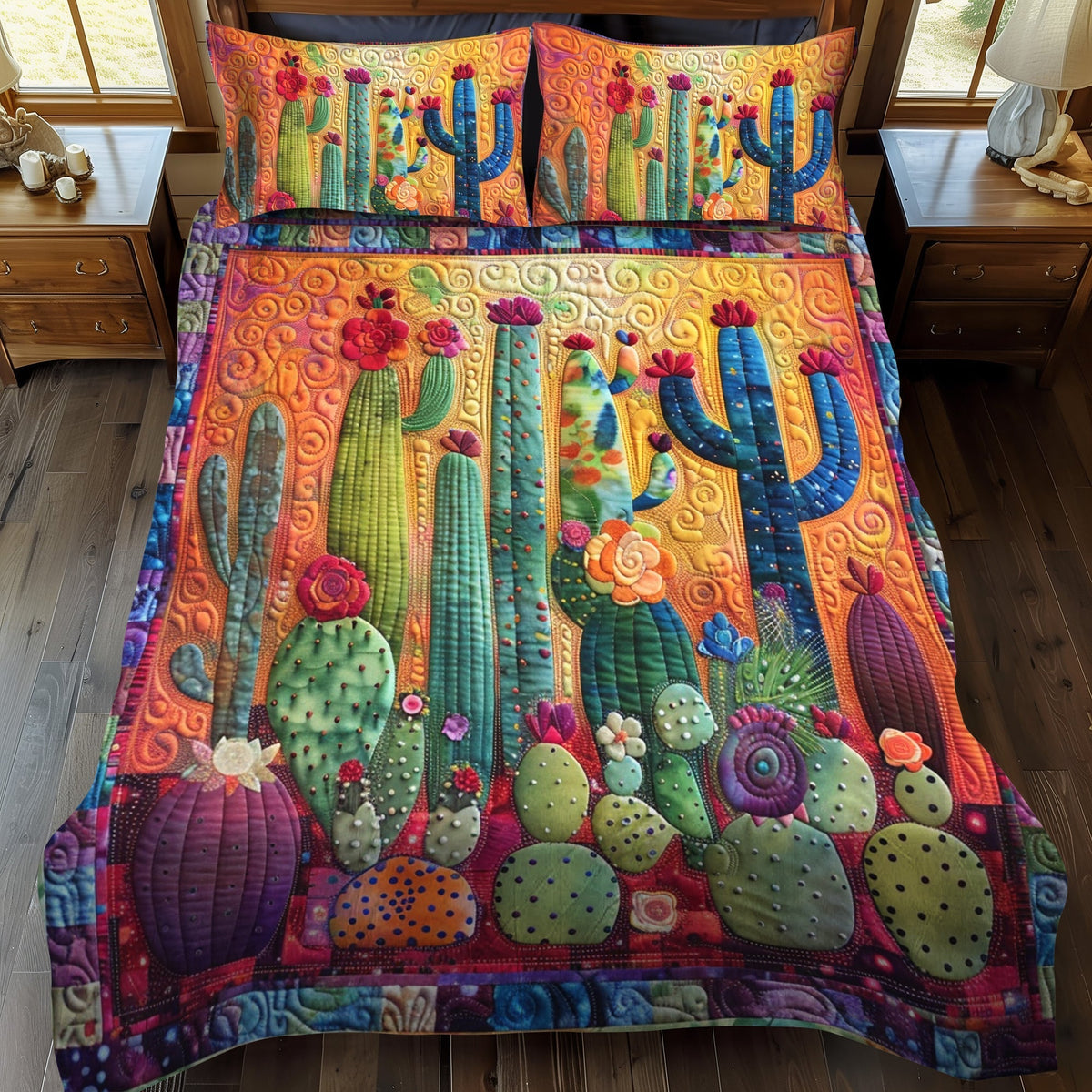 Single (59'' x 70'') /Flowering Cactus 3-Piece Quilted Bedding Set