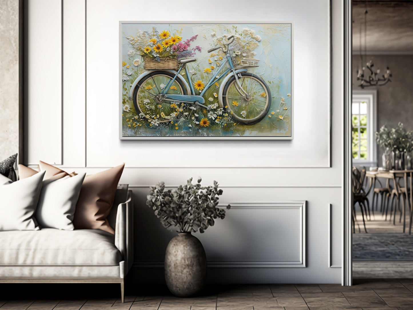 Floral Bicycle Rustic Farmhouse Framed Canvas Wall Art For Cute Kitchen Decor