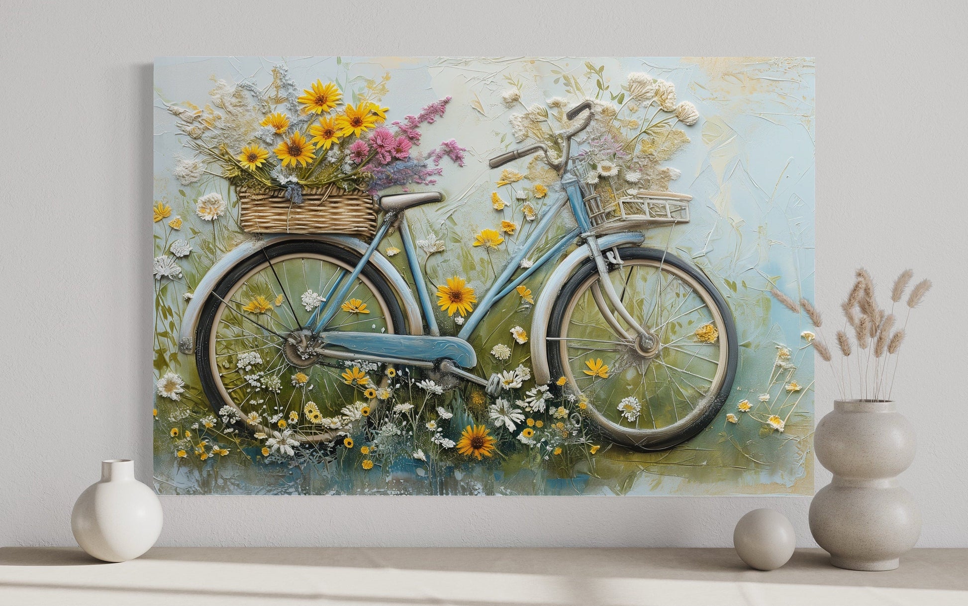 Floral Bicycle Rustic Farmhouse Framed Canvas Wall Art For Cute Kitchen Decor