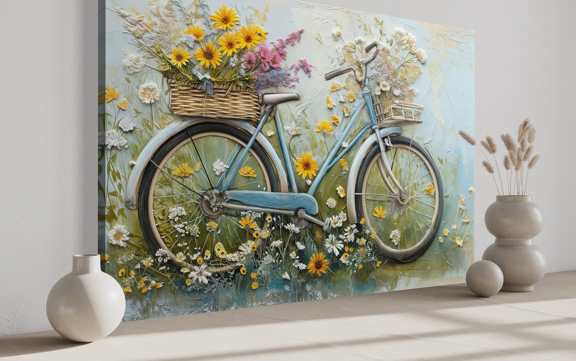 Floral Bicycle Rustic Farmhouse Framed Canvas Wall Art For Cute Kitchen Decor