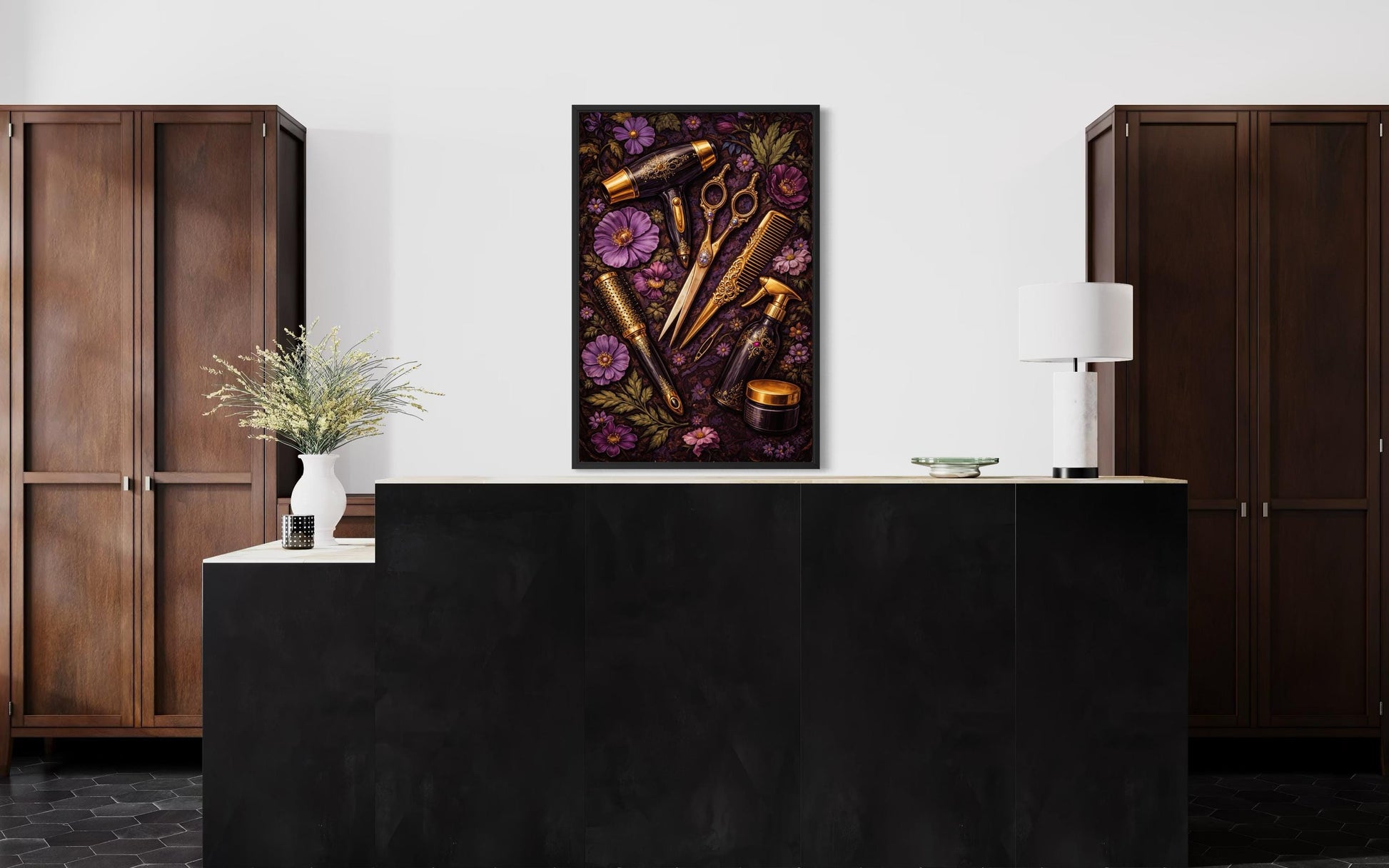 Floral Hair Salon Wall Art - Hairdresser Tools | Scissors Comb Brush Print