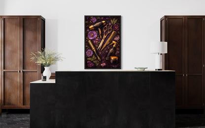 Floral Hair Salon Wall Art - Hairdresser Tools | Scissors Comb Brush Print