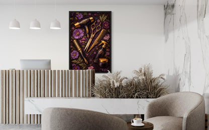 Floral Hair Salon Wall Art - Hairdresser Tools | Scissors Comb Brush Print