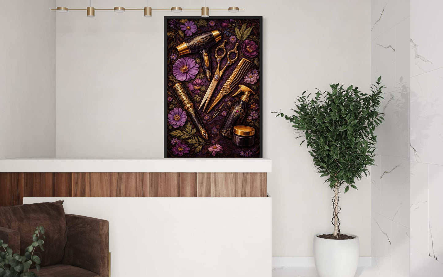 Floral Hair Salon Wall Art - Hairdresser Tools | Scissors Comb Brush Print