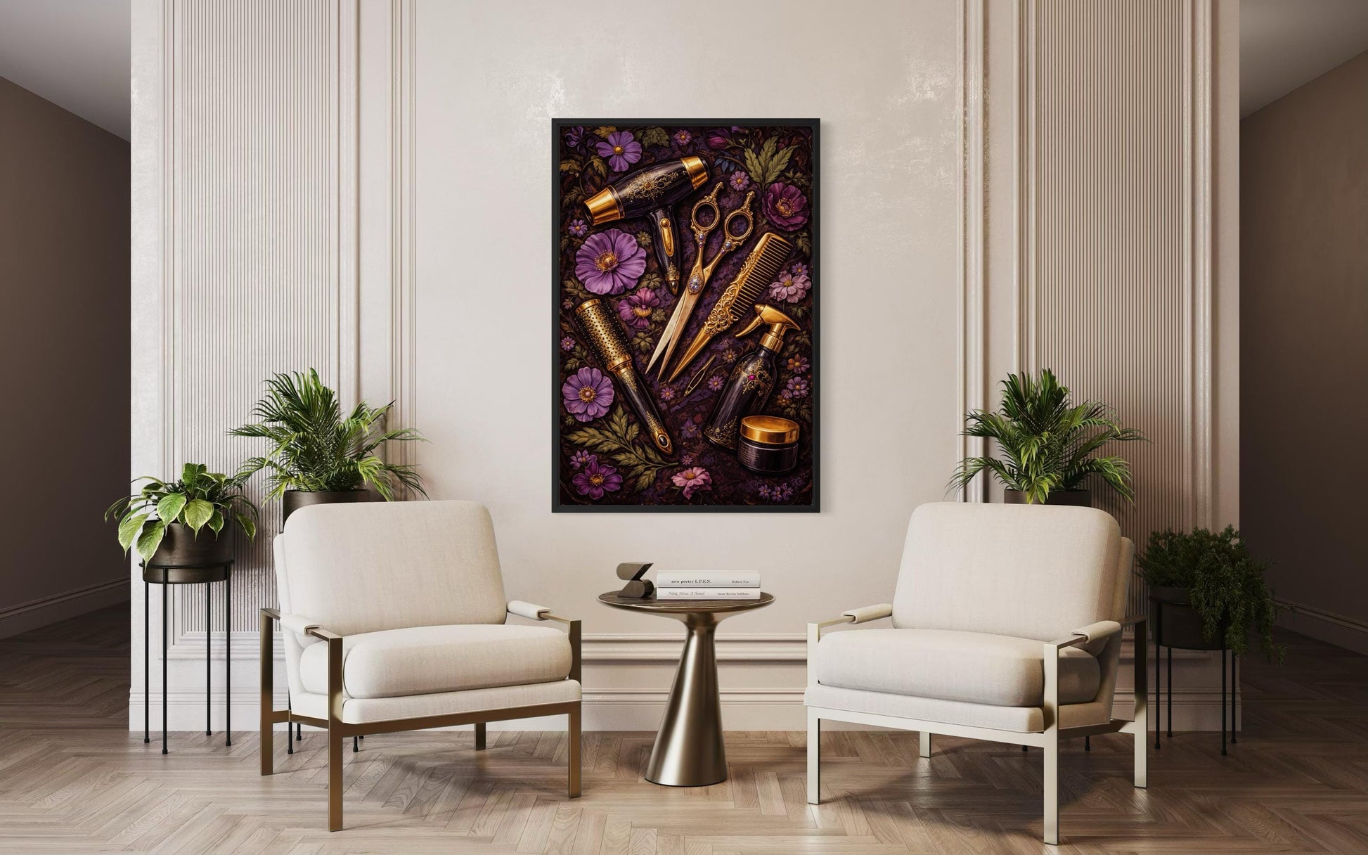 Floral Hair Salon Wall Art - Hairdresser Tools | Scissors Comb Brush Print