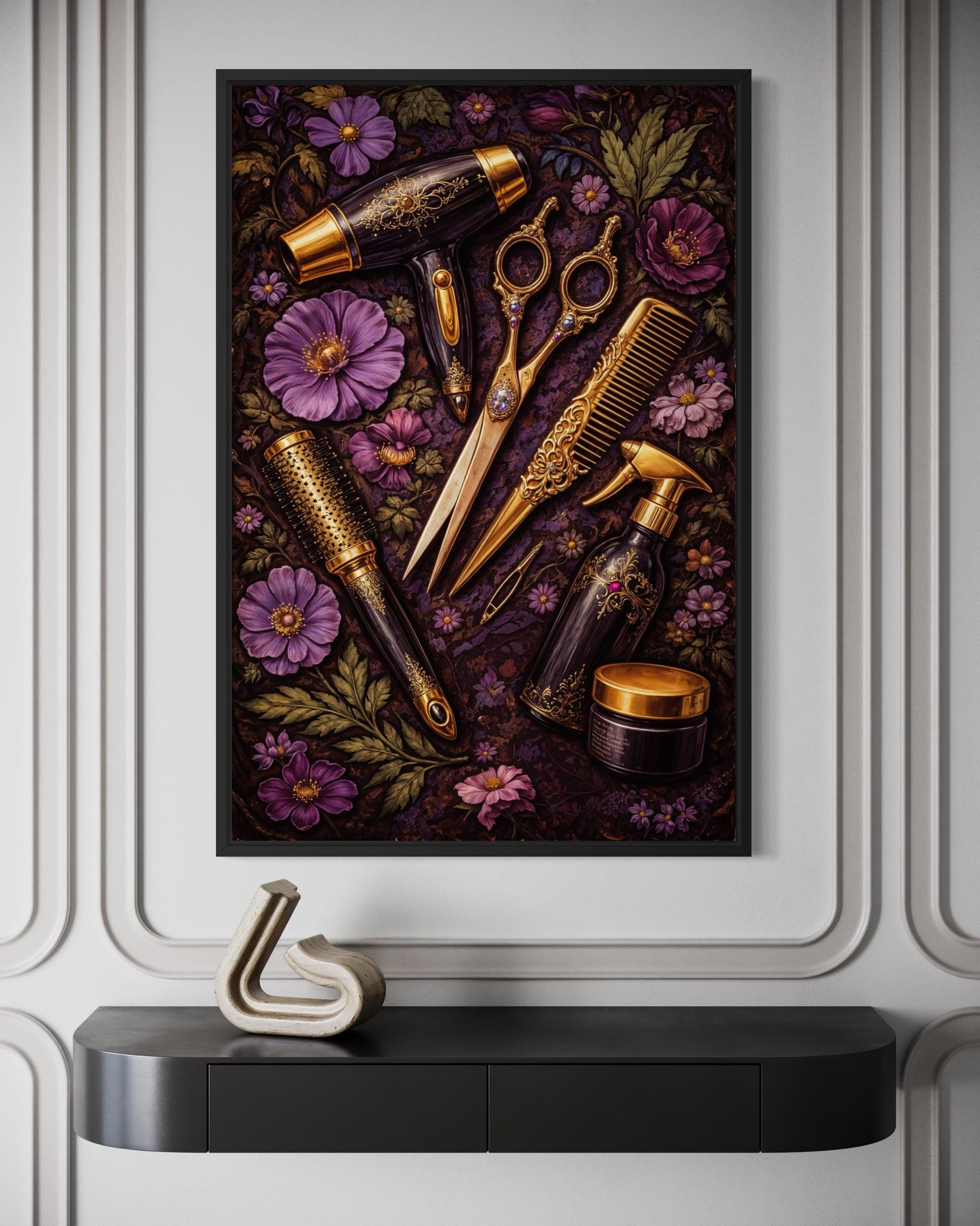 Floral Hair Salon Wall Art - Hairdresser Tools | Scissors Comb Brush Print