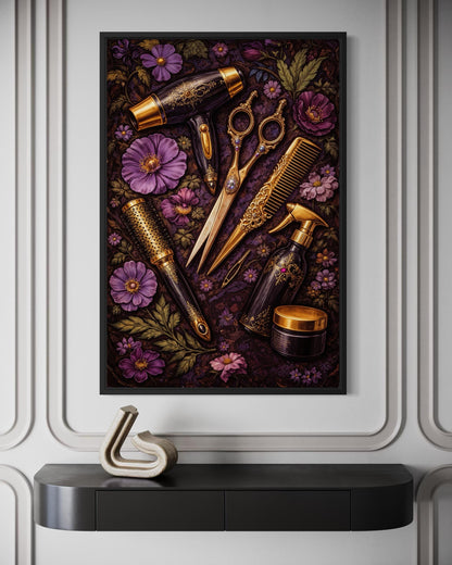 Floral Hair Salon Wall Art - Hairdresser Tools | Scissors Comb Brush Print