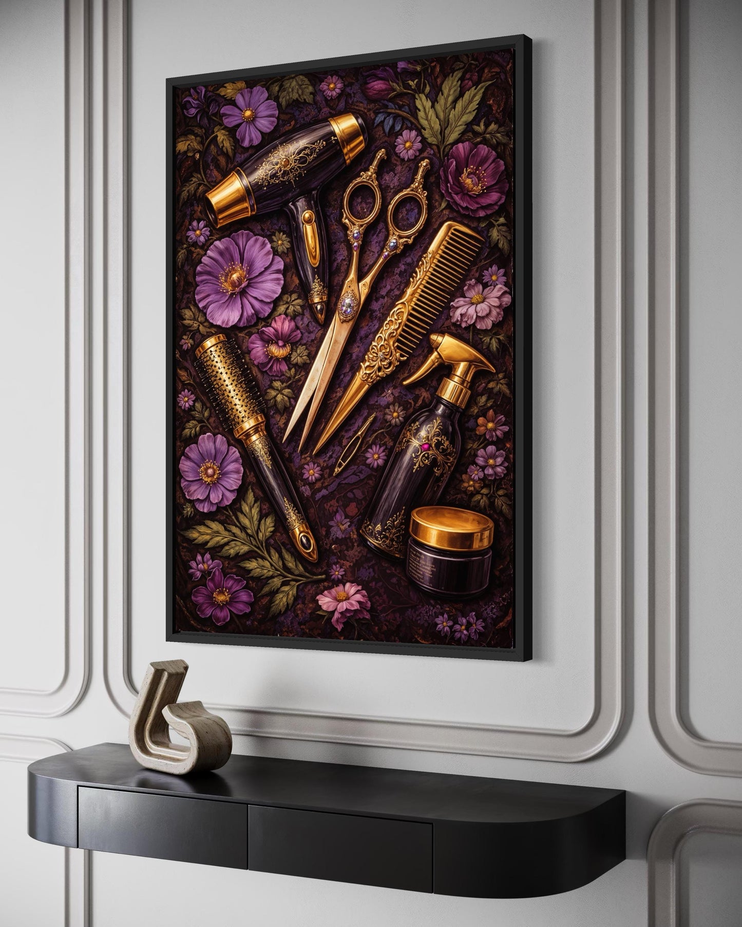 Floral Hair Salon Wall Art - Hairdresser Tools | Scissors Comb Brush Print