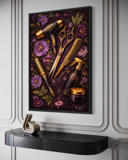 Floral Hair Salon Wall Art - Hairdresser Tools | Scissors Comb Brush Print