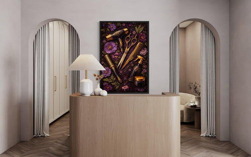 Floral Hair Salon Wall Art - Hairdresser Tools | Scissors Comb Brush Print