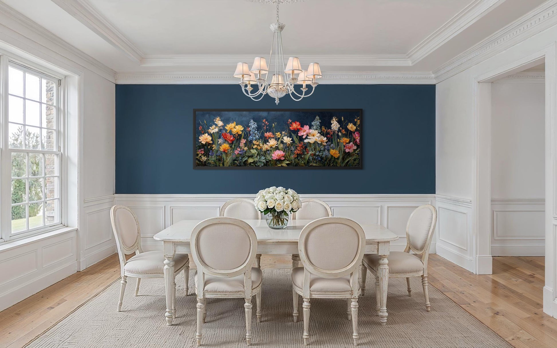 Floral Meadow Wildflowers Wall Art In Navy Background | Long Horizontal Botanical Decor