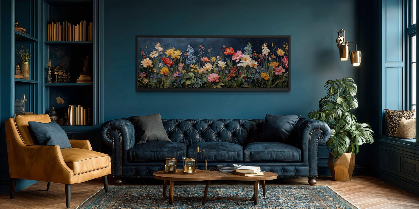 Floral Meadow Wildflowers Wall Art In Navy Background | Long Horizontal Botanical Decor