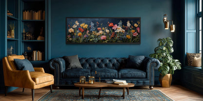 Floral Meadow Wildflowers Wall Art In Navy Background | Long Horizontal Botanical Decor