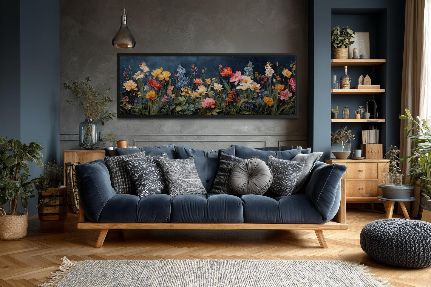 Floral Meadow Wildflowers Wall Art In Navy Background | Long Horizontal Botanical Decor