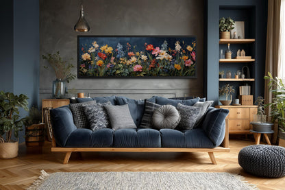 Floral Meadow Wildflowers Wall Art In Navy Background | Long Horizontal Botanical Decor