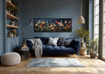 Floral Meadow Wildflowers Wall Art In Navy Background | Long Horizontal Botanical Decor