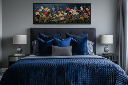 Floral Meadow Wildflowers Wall Art In Navy Background | Long Horizontal Botanical Decor