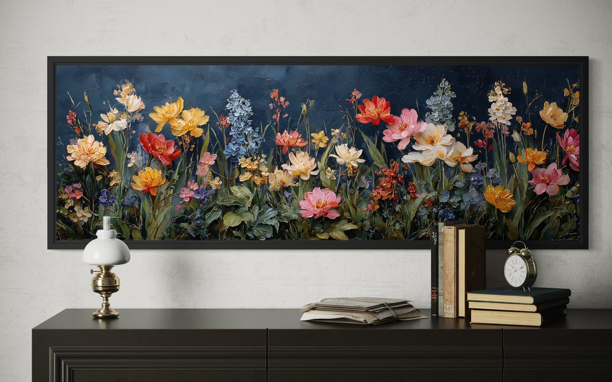 Floral Meadow Wildflowers Wall Art In Navy Background | Long Horizontal Botanical Decor