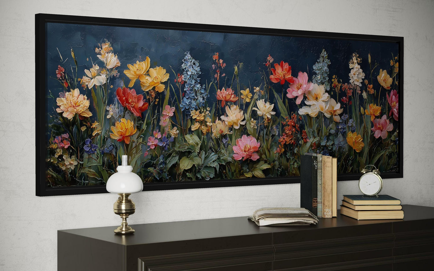 Floral Meadow Wildflowers Wall Art In Navy Background | Long Horizontal Botanical Decor