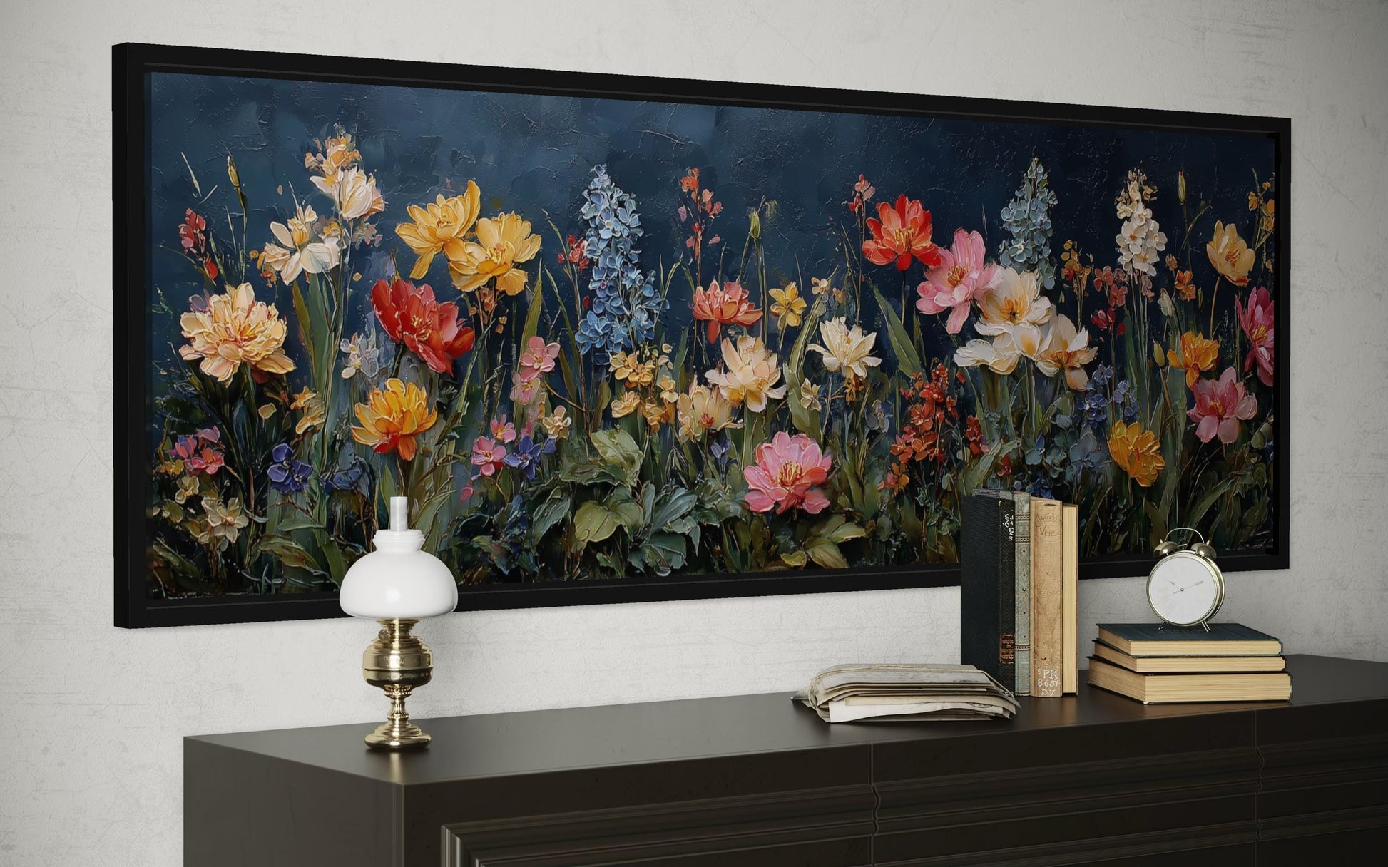 Floral Meadow Wildflowers Wall Art In Navy Background | Long Horizontal Botanical Decor