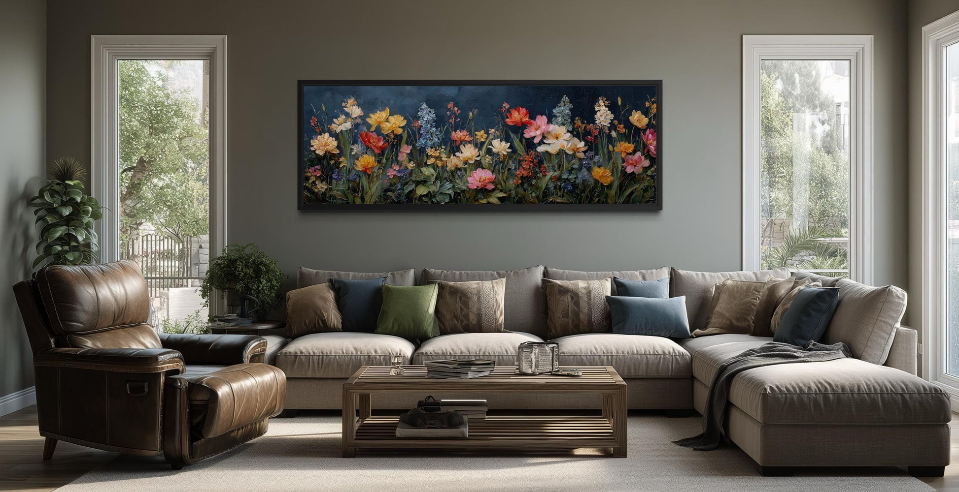 Floral Meadow Wildflowers Wall Art In Navy Background | Long Horizontal Botanical Decor