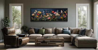 Floral Meadow Wildflowers Wall Art In Navy Background | Long Horizontal Botanical Decor