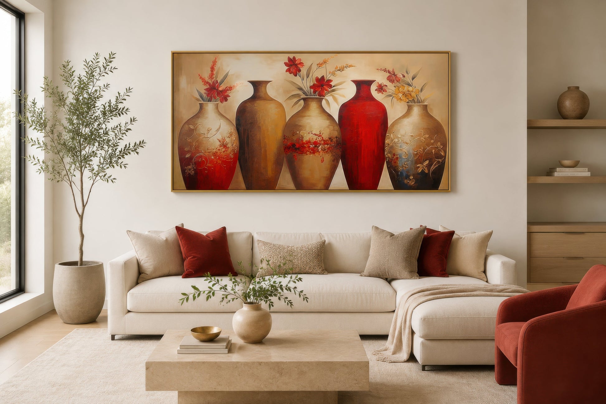 Floral Vases Wall Art – Elegant Red And Gold Canvas Wall Decor For dining Room