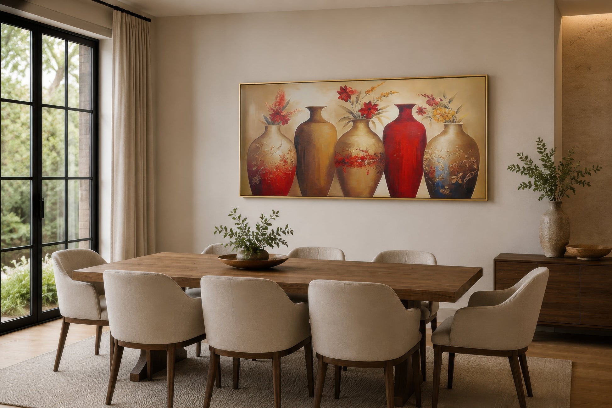 Floral Vases Wall Art – Elegant Red And Gold Canvas Wall Decor For dining Room