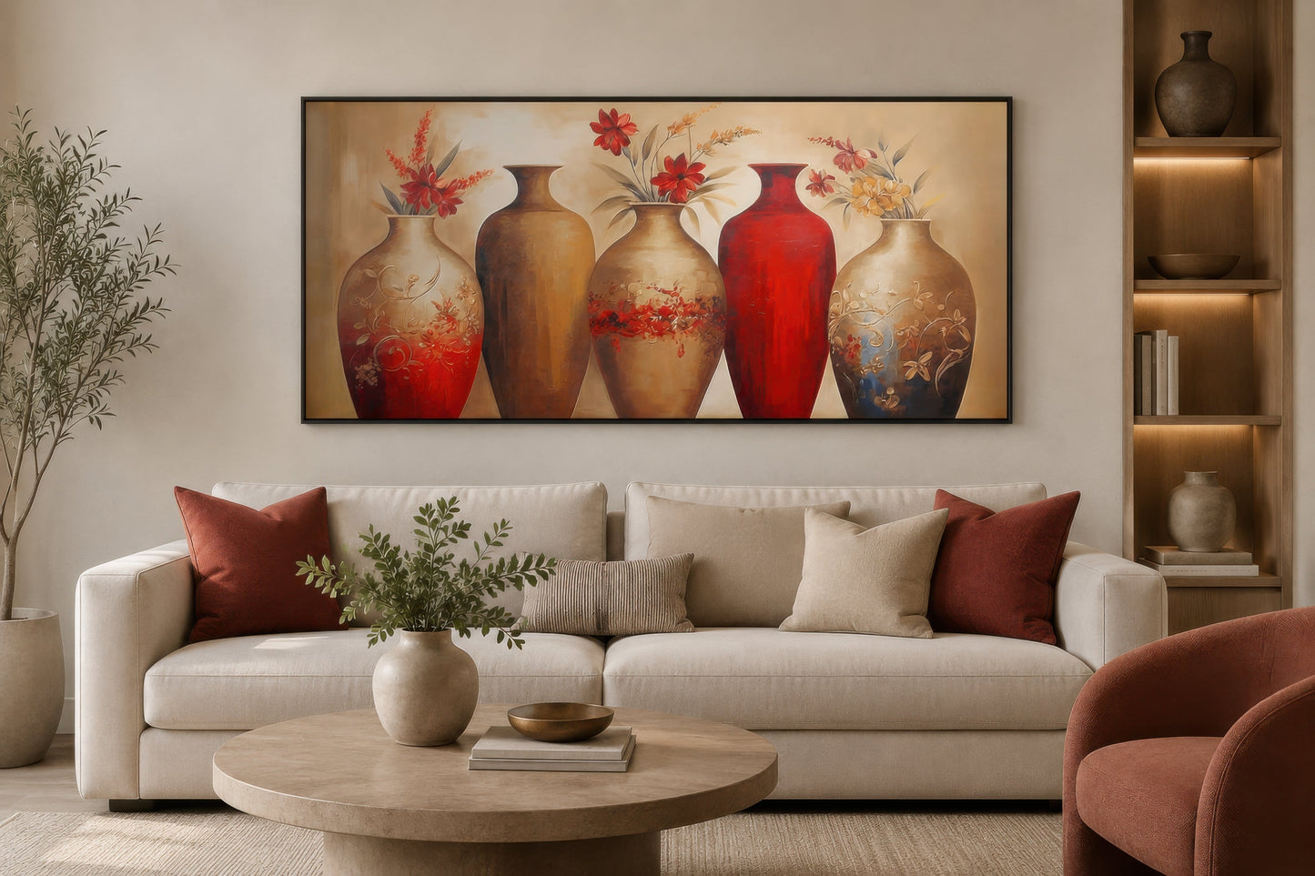 Floral Vases Wall Art – Elegant Red And Gold Canvas Wall Decor For dining Room