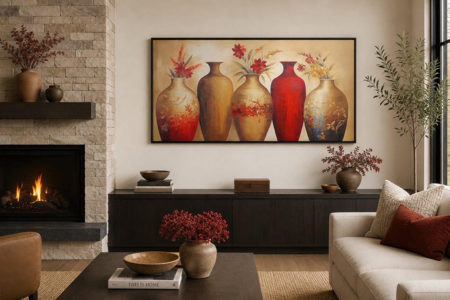 Floral Vases Wall Art – Elegant Red And Gold Canvas Wall Decor For dining Room