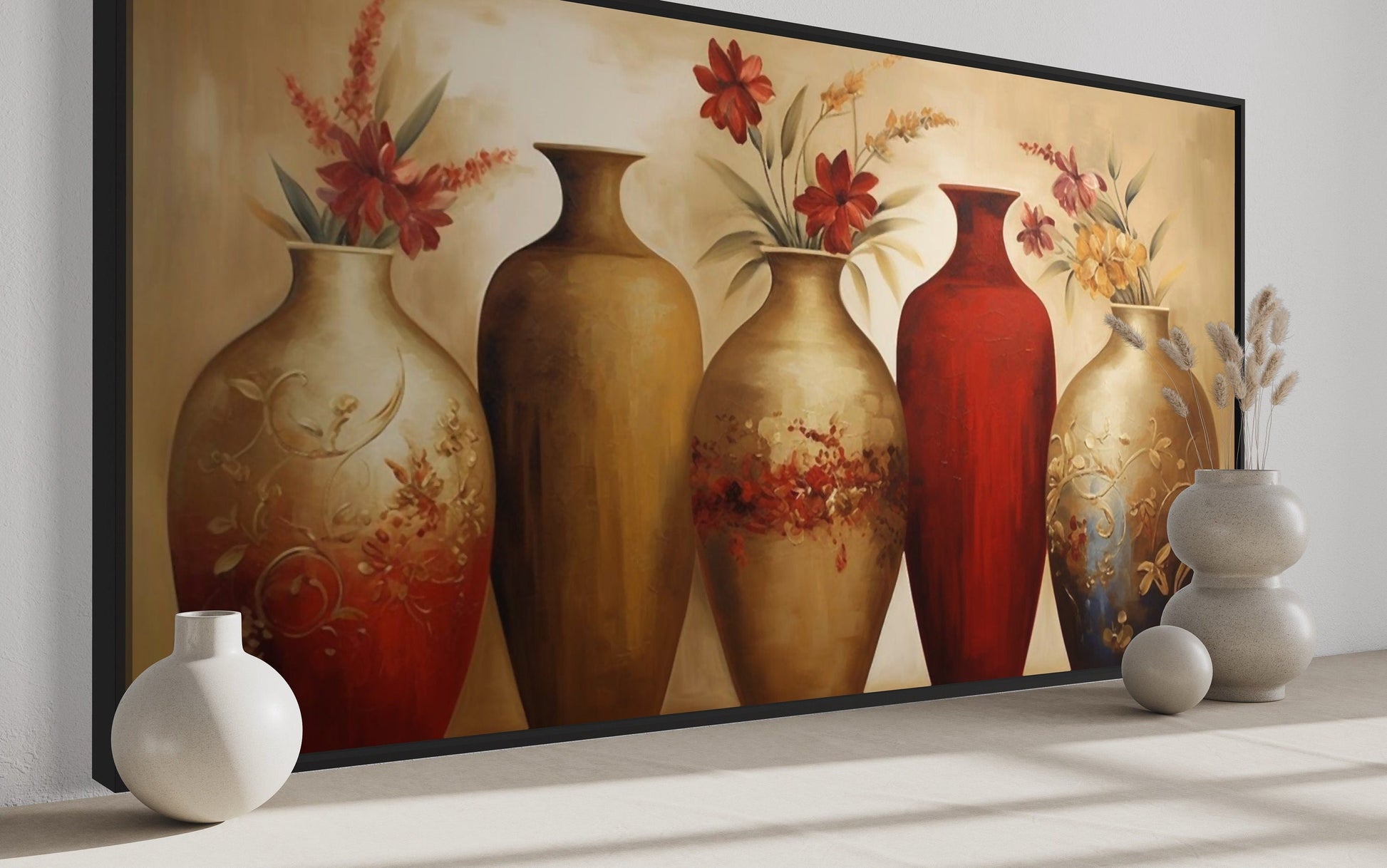 Floral Vases Wall Art – Elegant Red And Gold Canvas Wall Decor For dining Room