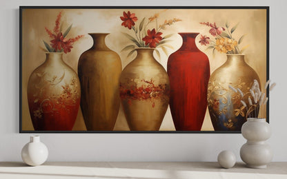 Floral Vases Wall Art – Elegant Red And Gold Canvas Wall Decor For dining Room