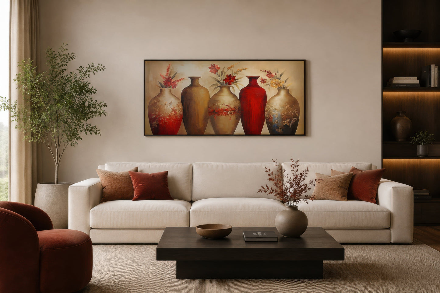 Floral Vases Wall Art – Elegant Red And Gold Canvas Wall Decor For dining Room