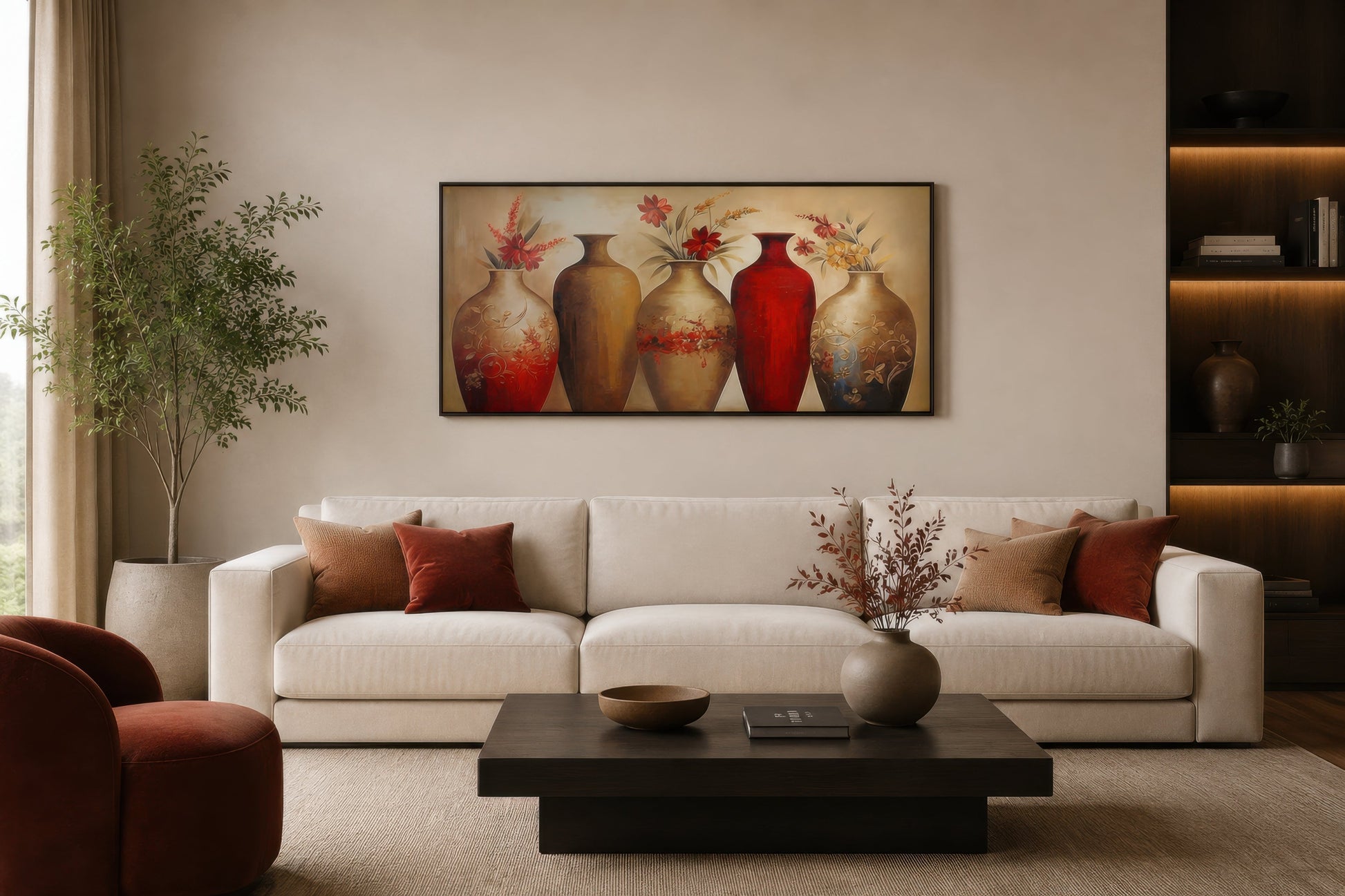 Floral Vases Wall Art – Elegant Red And Gold Canvas Wall Decor For dining Room