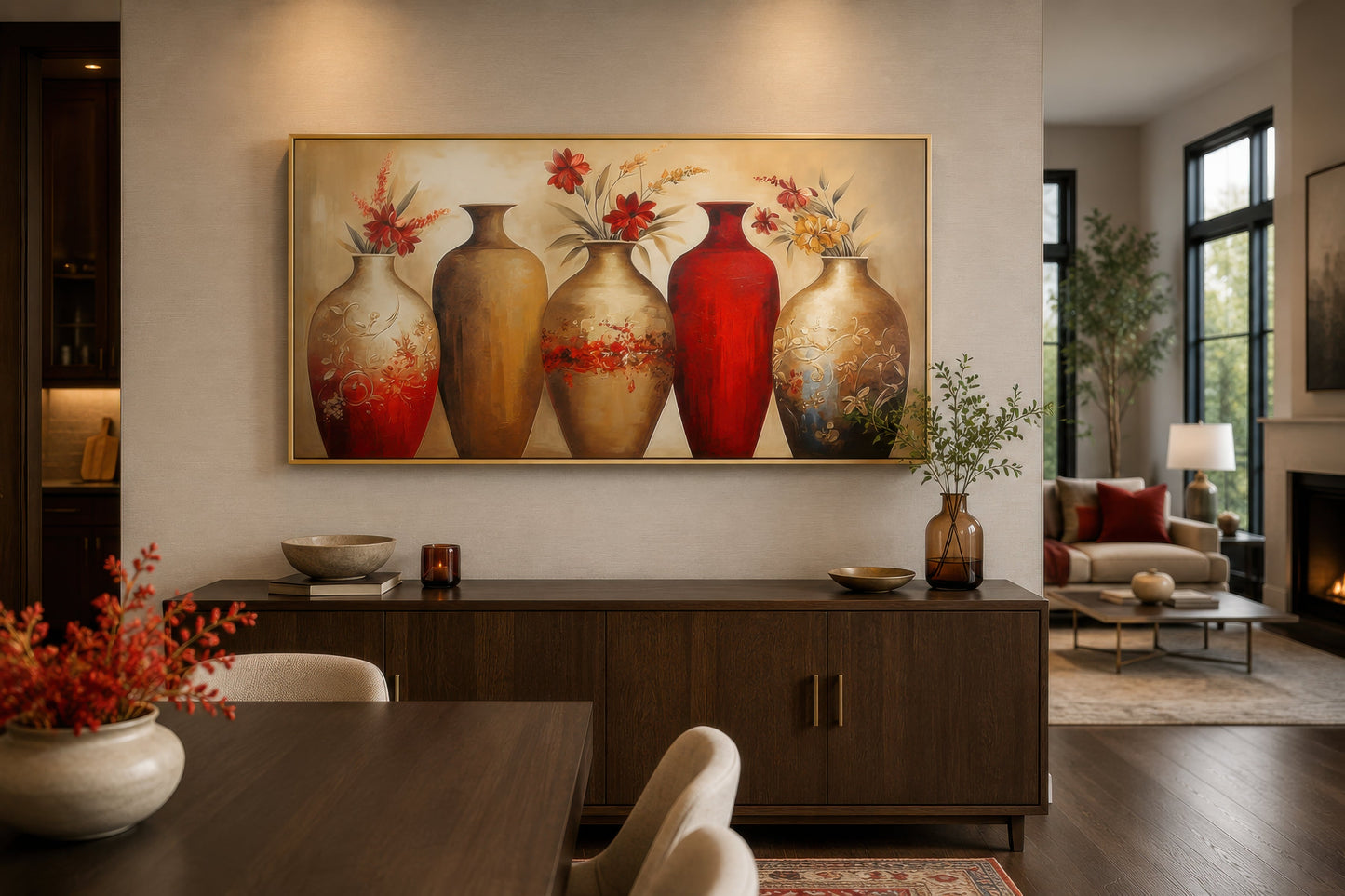 Floral Vases Wall Art – Elegant Red And Gold Canvas Wall Decor For dining Room