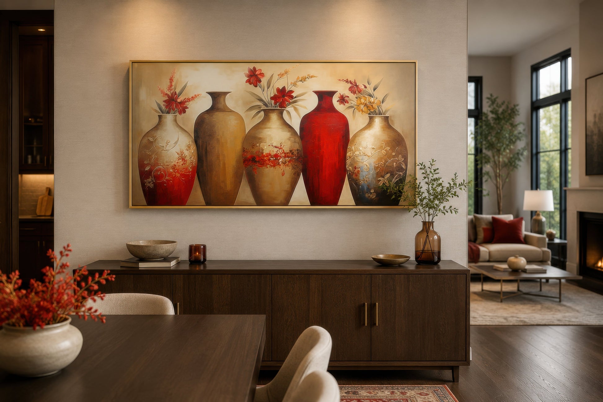 Floral Vases Wall Art – Elegant Red And Gold Canvas Wall Decor For dining Room