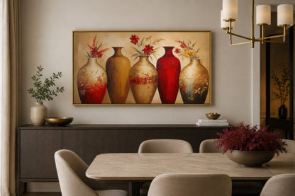 Floral Vases Wall Art – Elegant Red And Gold Canvas Wall Decor For dining Room