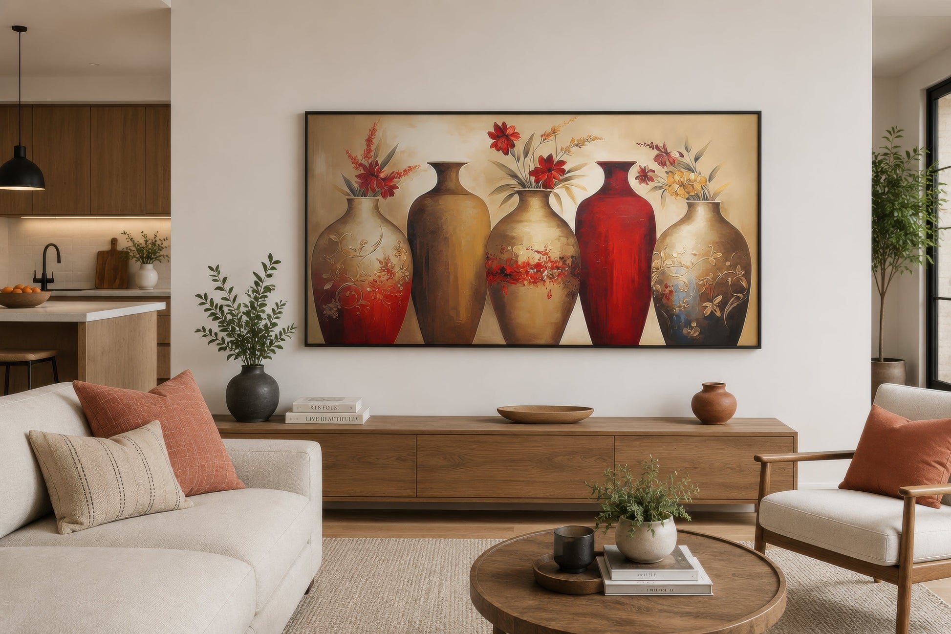 Floral Vases Wall Art – Elegant Red And Gold Canvas Wall Decor For dining Room