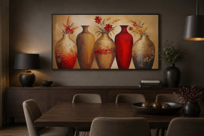 Floral Vases Wall Art – Elegant Red And Gold Canvas Wall Decor For dining Room