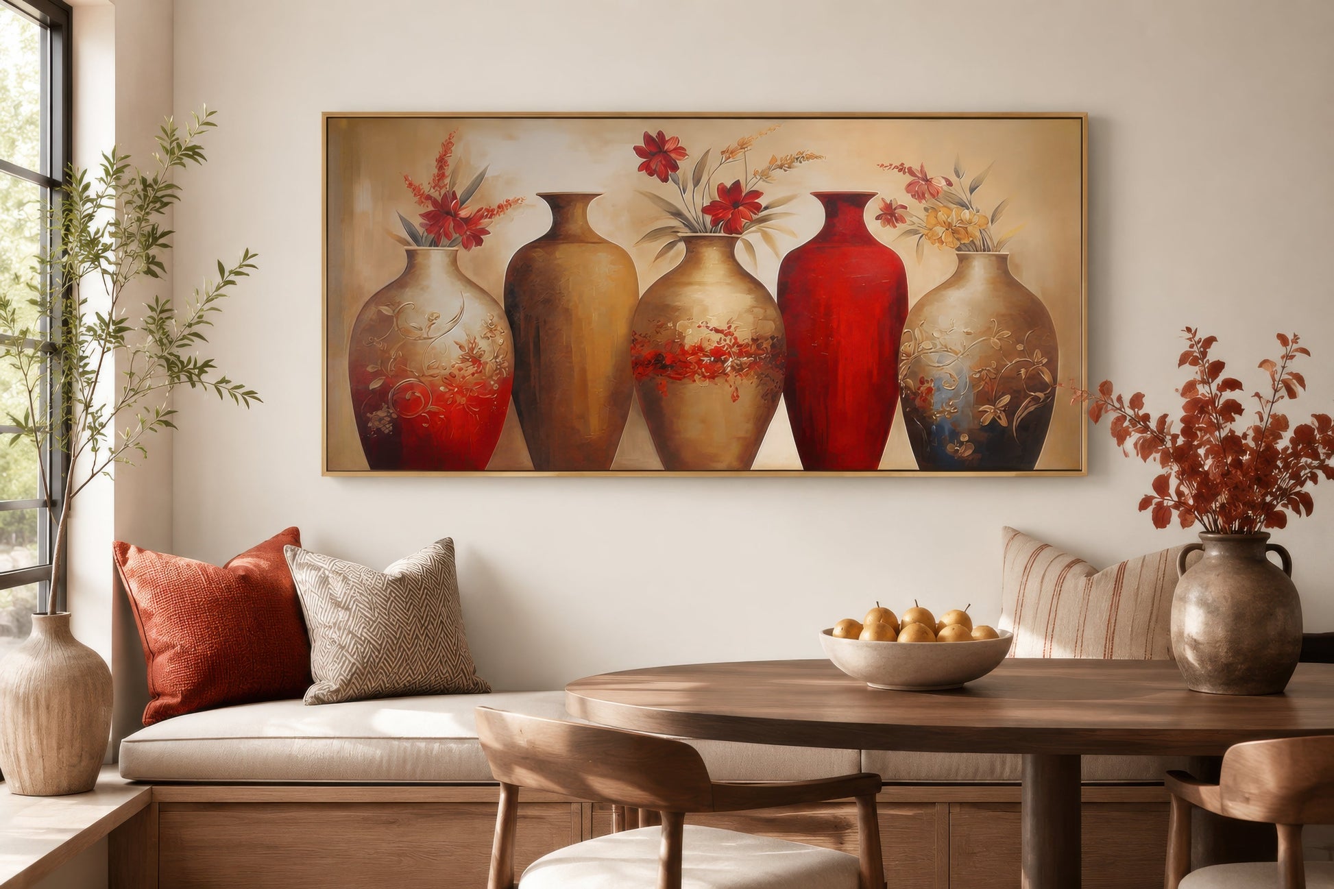 Floral Vases Wall Art – Elegant Red And Gold Canvas Wall Decor For dining Room