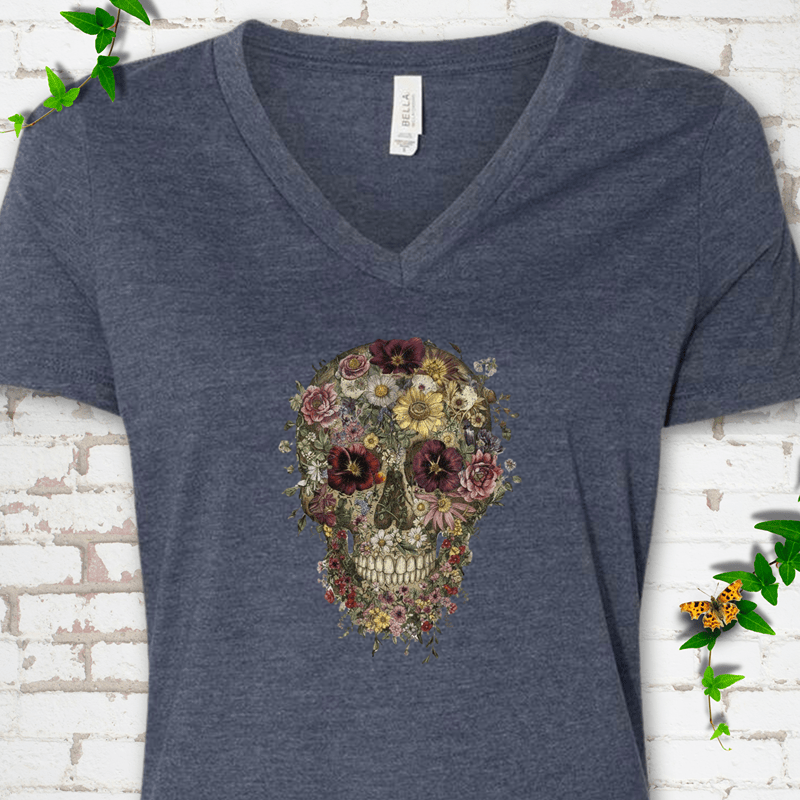 Floral Skull V-Neck T-Shirt