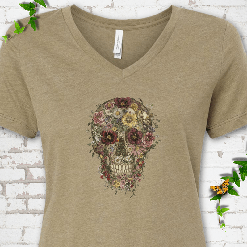 Floral Skull V-Neck T-Shirt