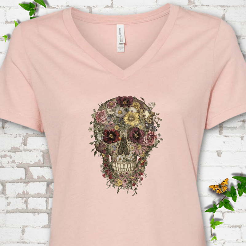 Floral Skull V-Neck T-Shirt