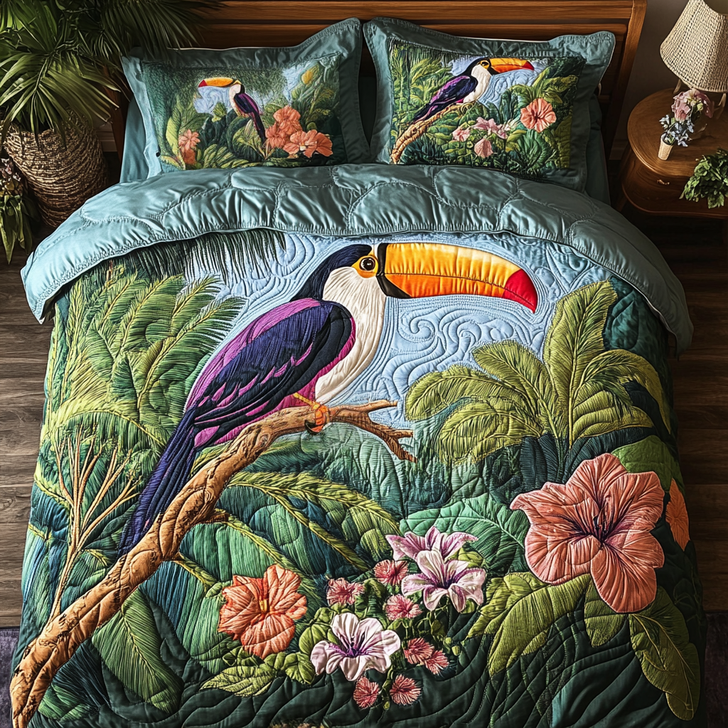 Floral Birds 3-Piece Quilted Bedding Set - Single (59" x 70")