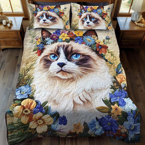 Floral Crown Cat 3-Piece Quilted Bedding Set - Single (59" x 70")