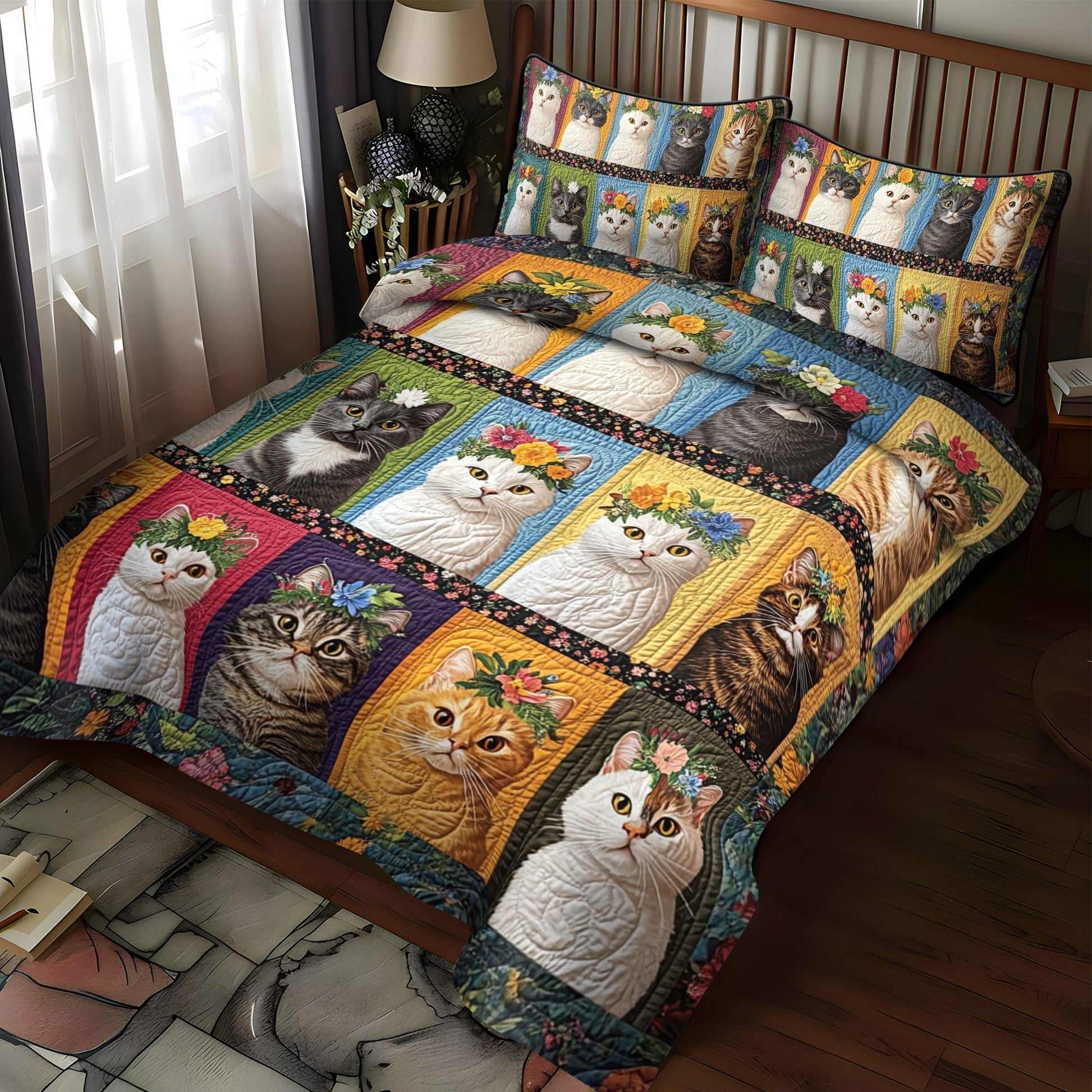 Floral Feline 3-Piece Quilted Bedding Set - Single (59" x 70")