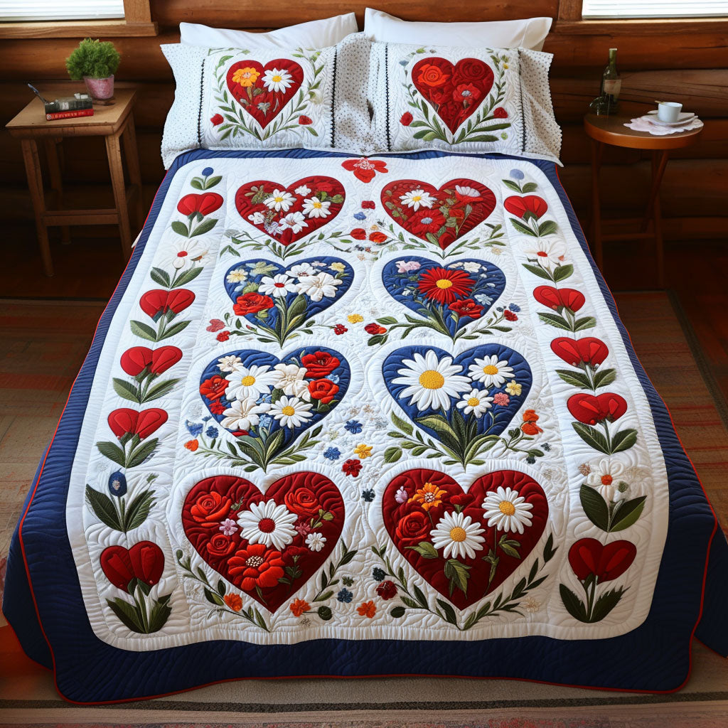 Floral Heart Symphony 3-Piece Quilted Bedding Set - Single (59" x 70")