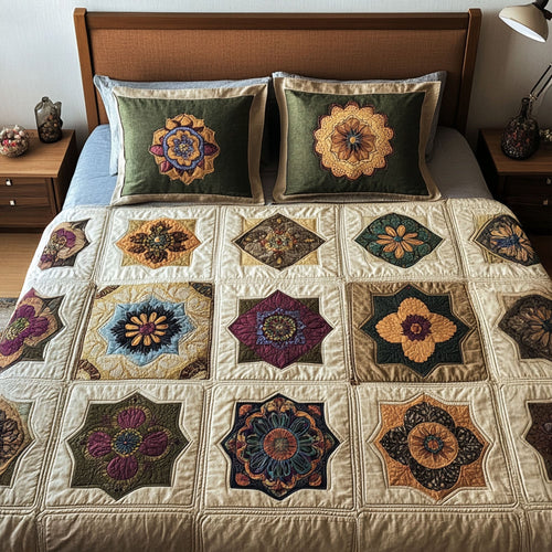 Floral Mandala 3-Piece Quilted Bedding Set - Single (59" x 70")