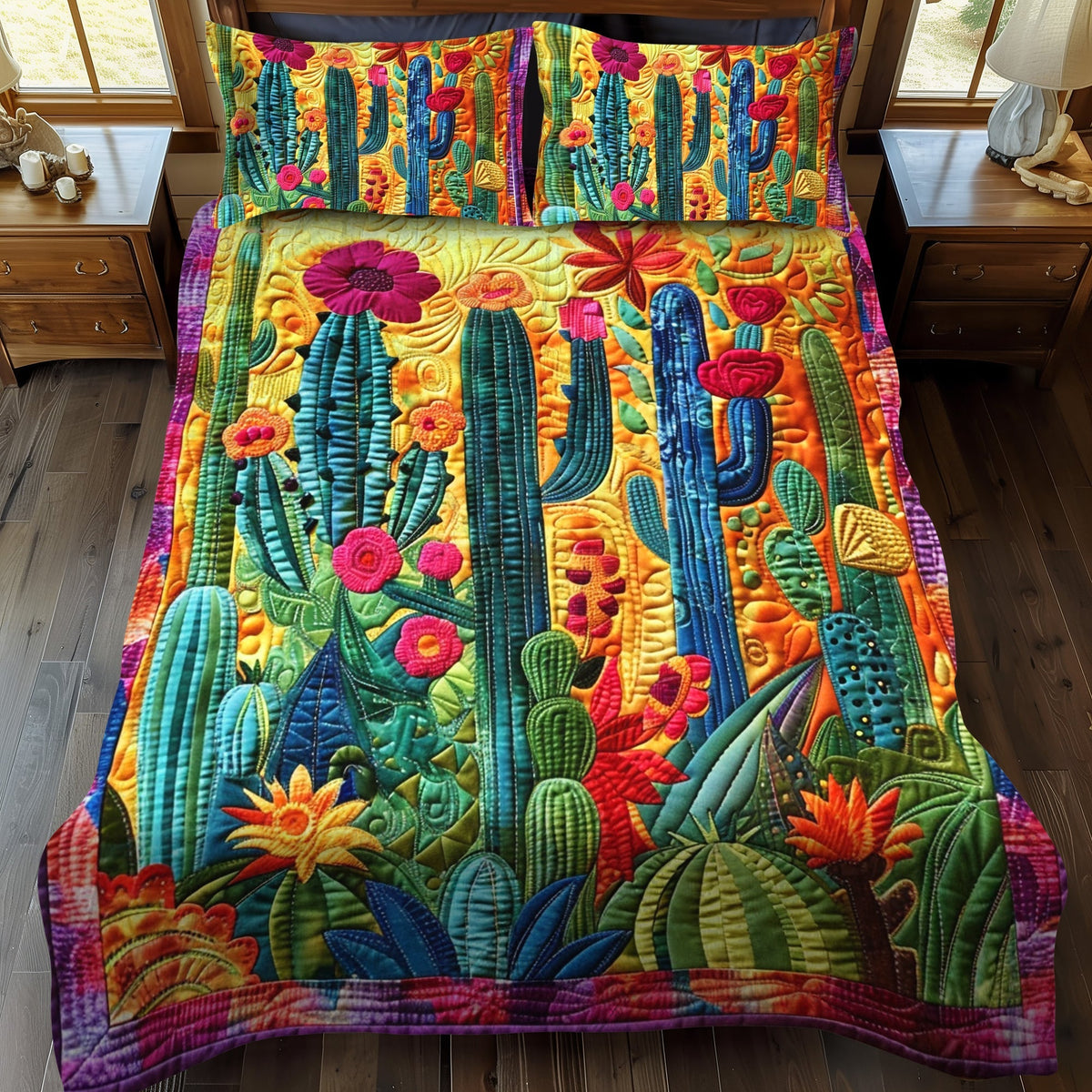 Single (59'' x 70'') /Flora Cactus 3-Piece Quilted Bedding Set