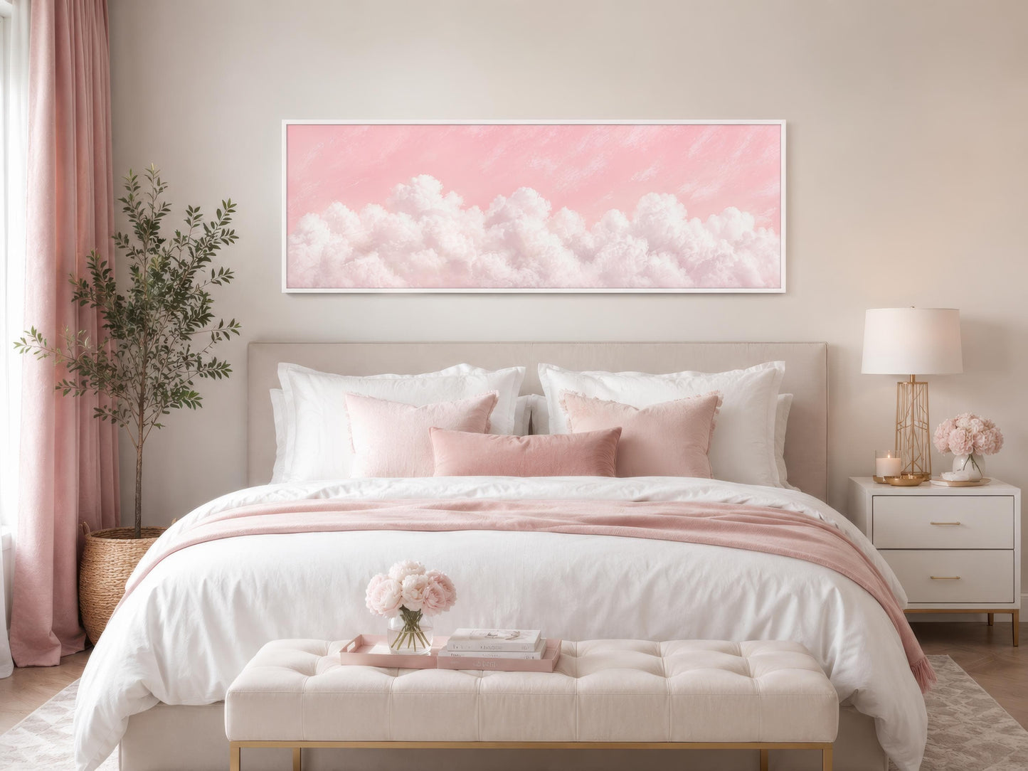 Fluffy White Clouds on a Blush Pink Sky Long Horizontal Canvas Print